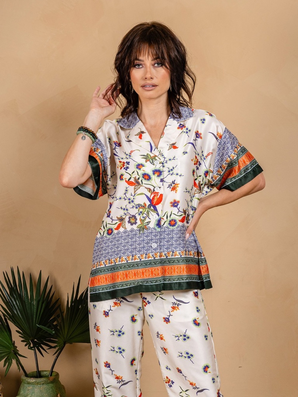 Ivory Floral Satin Short-Sleeve Blouse with Green & Orange Trim